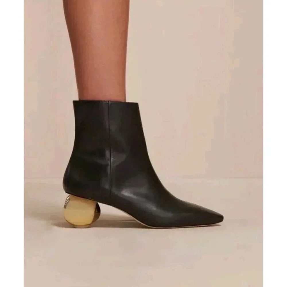 Cult Gaia Mari Black Leather Pointed Square Toe Bootie Knob Ankle Boots 40 10